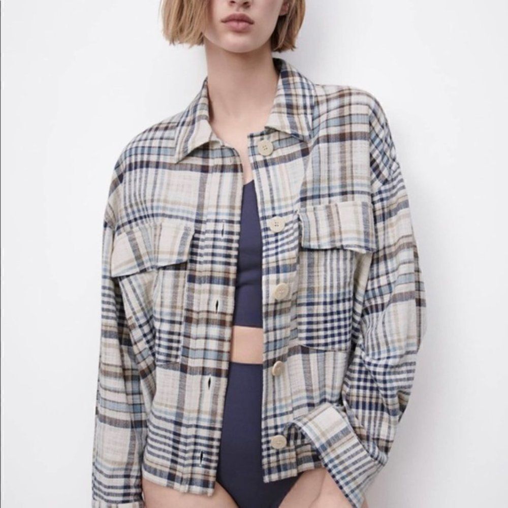 ZARA Plaid Overshirt White Turquoise Unlined - Picture 7 of 7